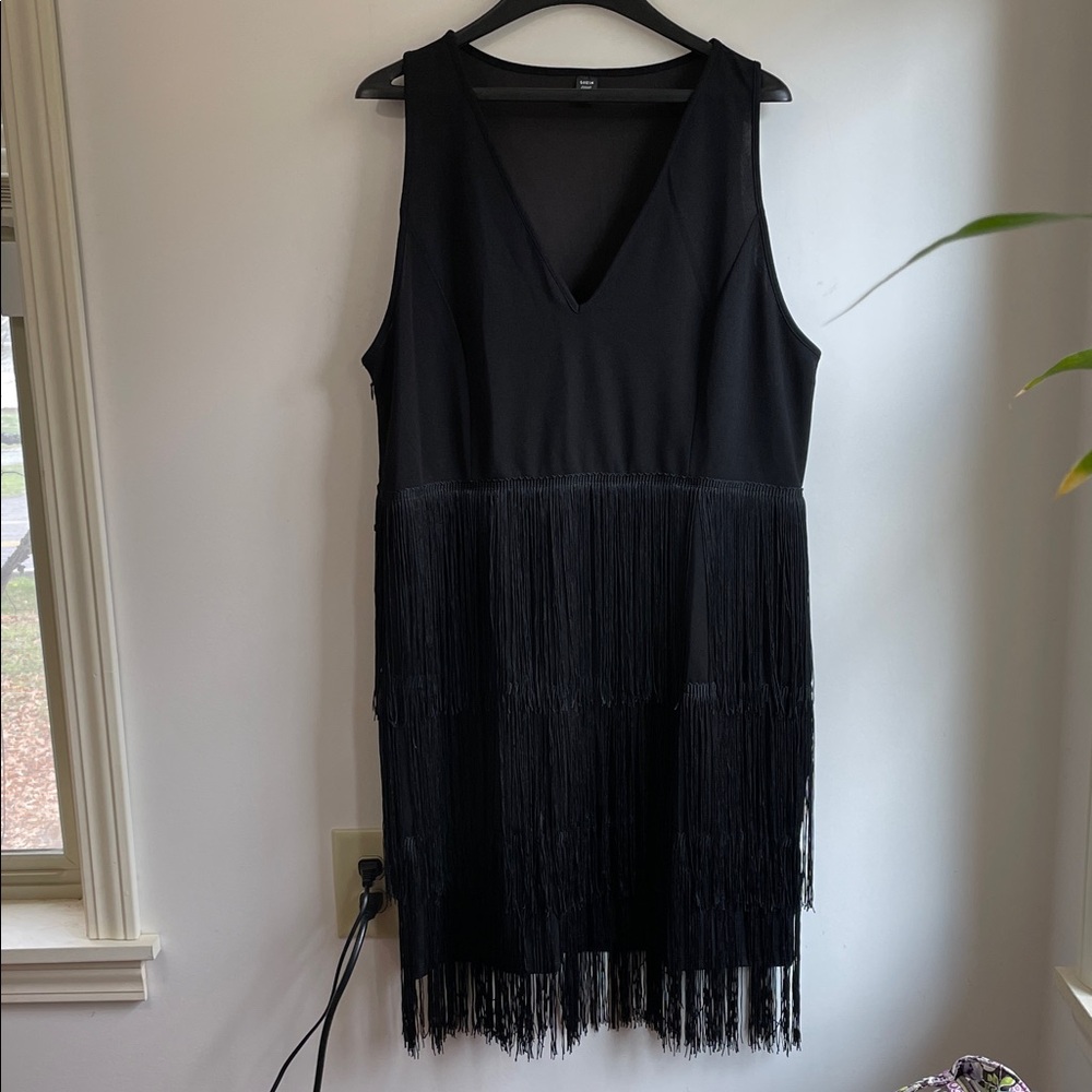 SHEIN Black V-Neck Fringe Side Zip Midi Dress 3XL